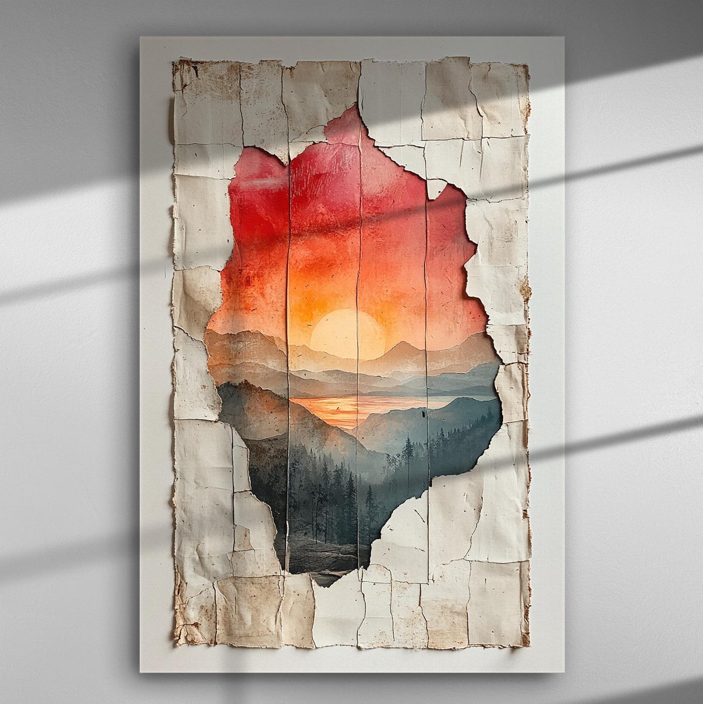 Sunset landscape through cracked paper texture canvas artwork
