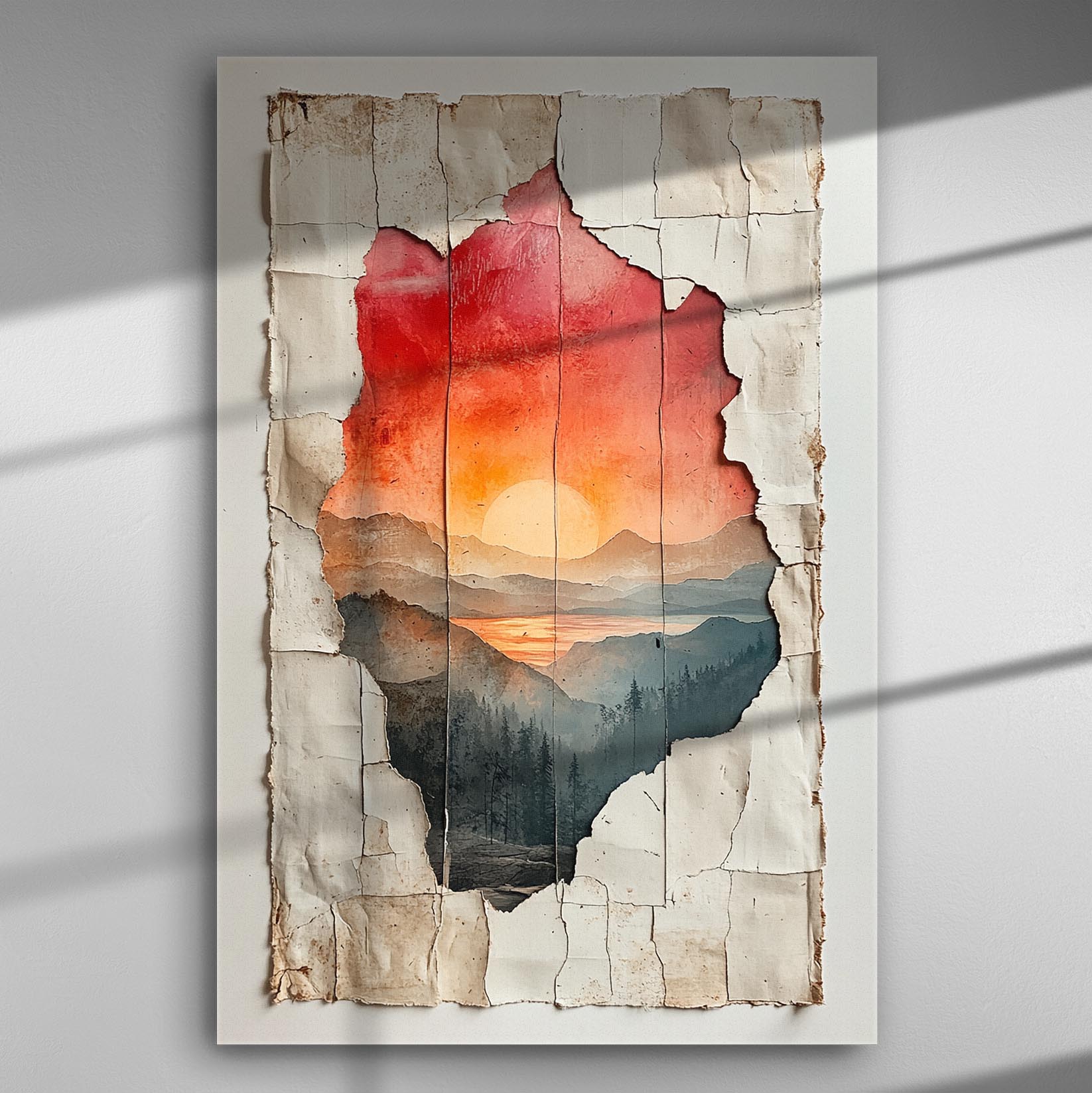 Sunset landscape through cracked paper texture canvas artwork