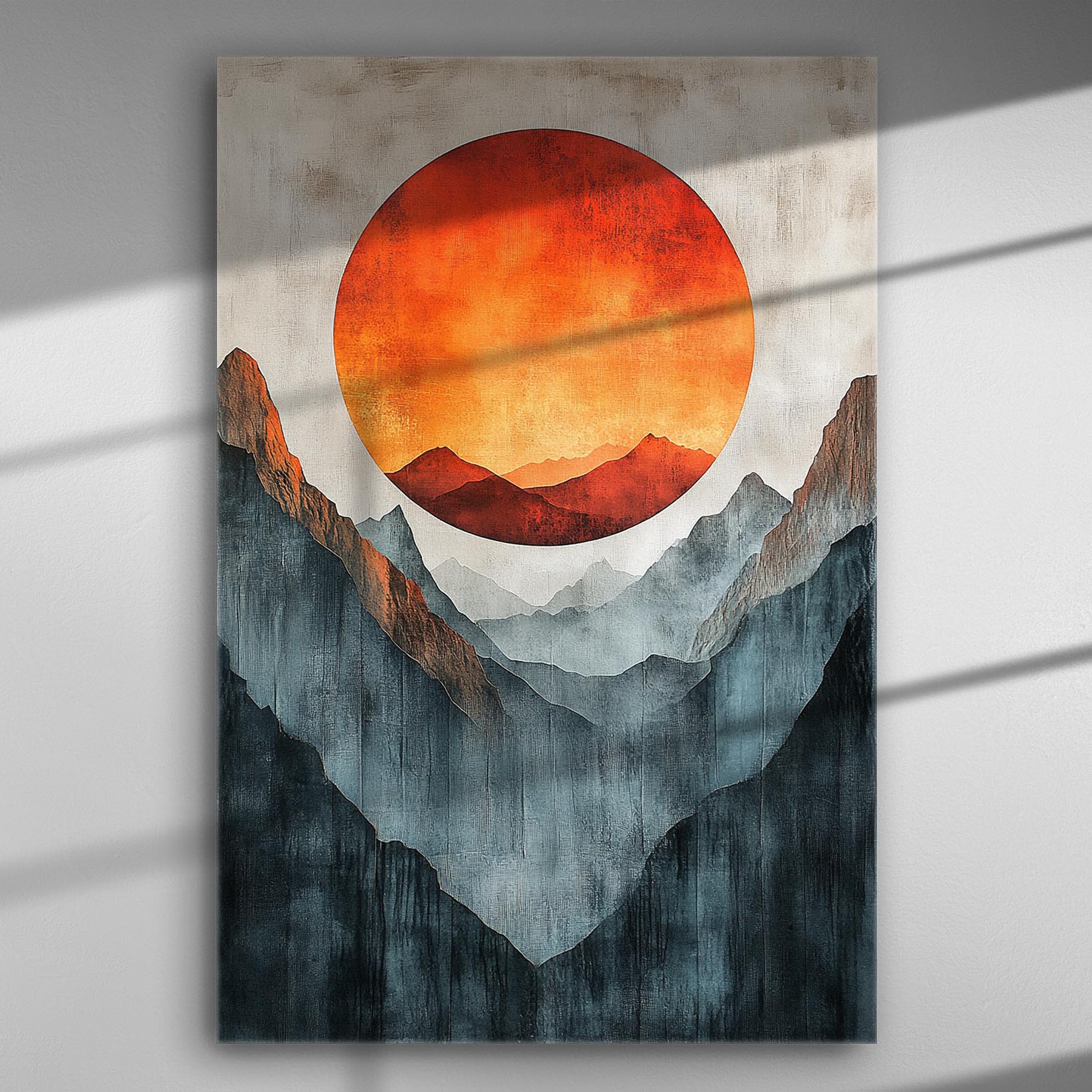 Mountain landscape canvas with a setting sun in warm colors.