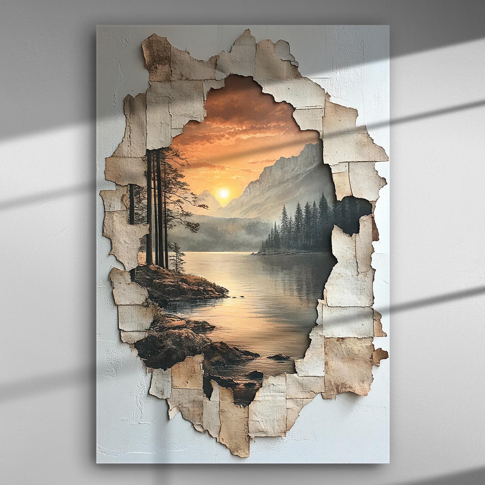 Canvas print of a sunset over a lake with mountains and trees in a torn paper style.