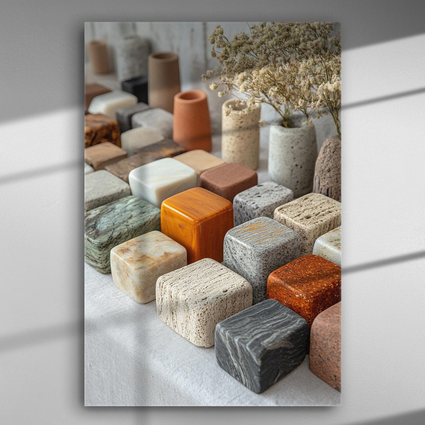 A canvas print displaying an arrangement of geometric stone shapes in various colors and textures.