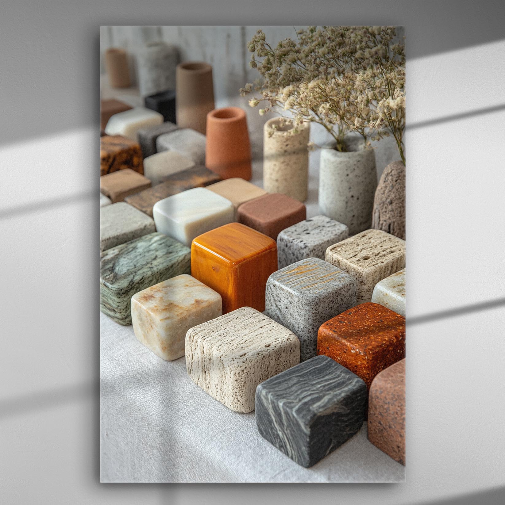 A canvas print displaying an arrangement of geometric stone shapes in various colors and textures.