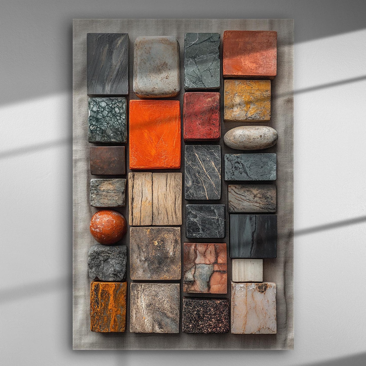Canvas print featuring a variety of multicolored stones arranged in a textured pattern with vibrant orange accents.