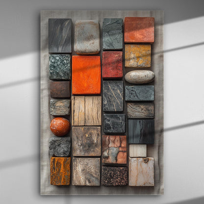 Canvas print featuring a variety of multicolored stones arranged in a textured pattern with vibrant orange accents.