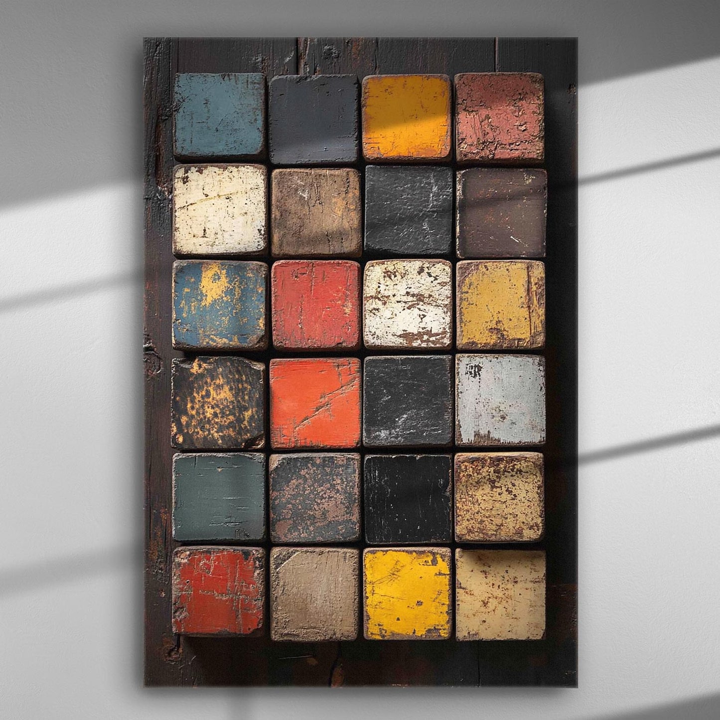 Industrial mosaic canvas with textured and colorful squares in warm tones.
