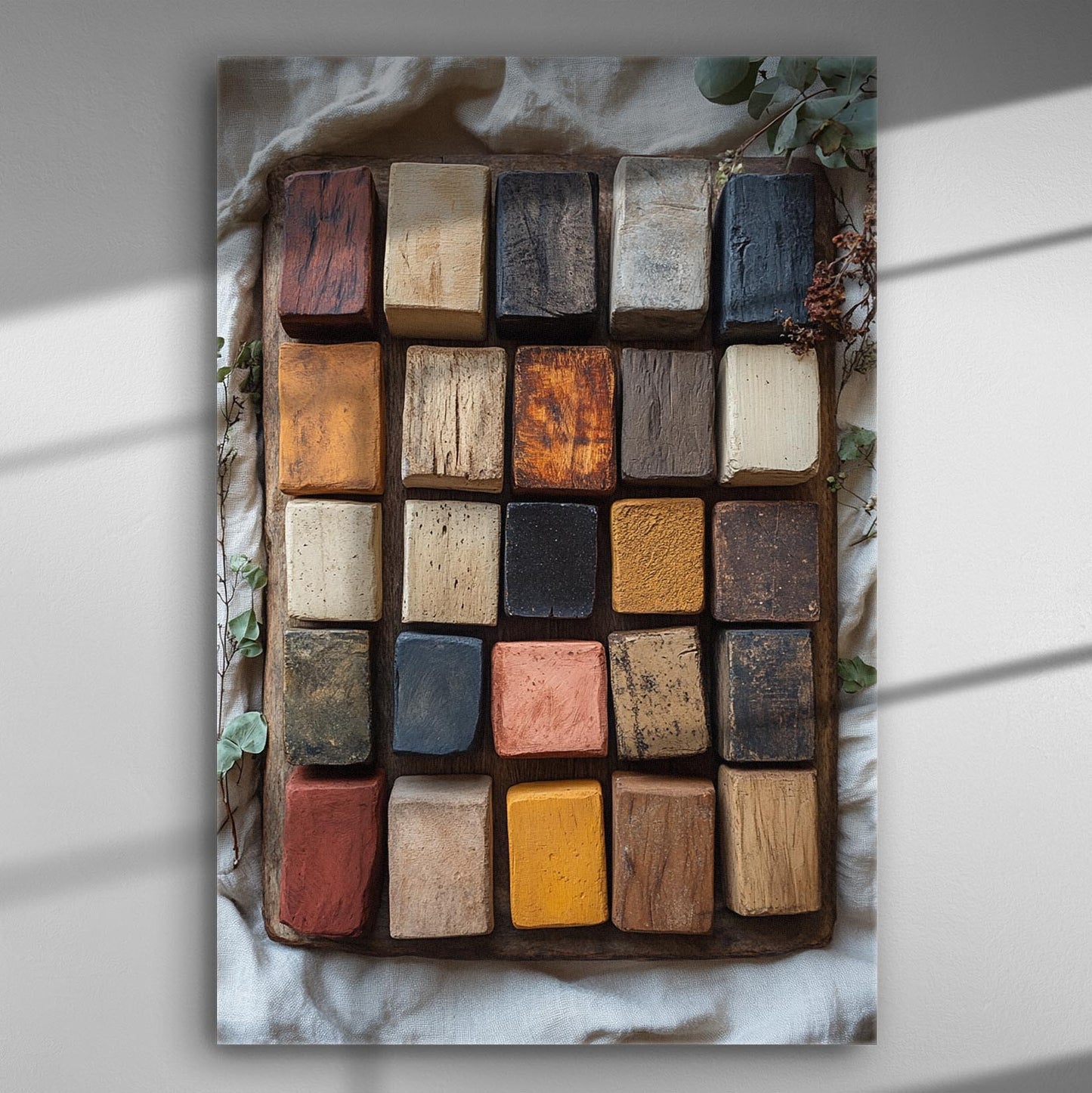 Canvas print showing a diverse palette of natural wood textures and colors arranged in a grid.