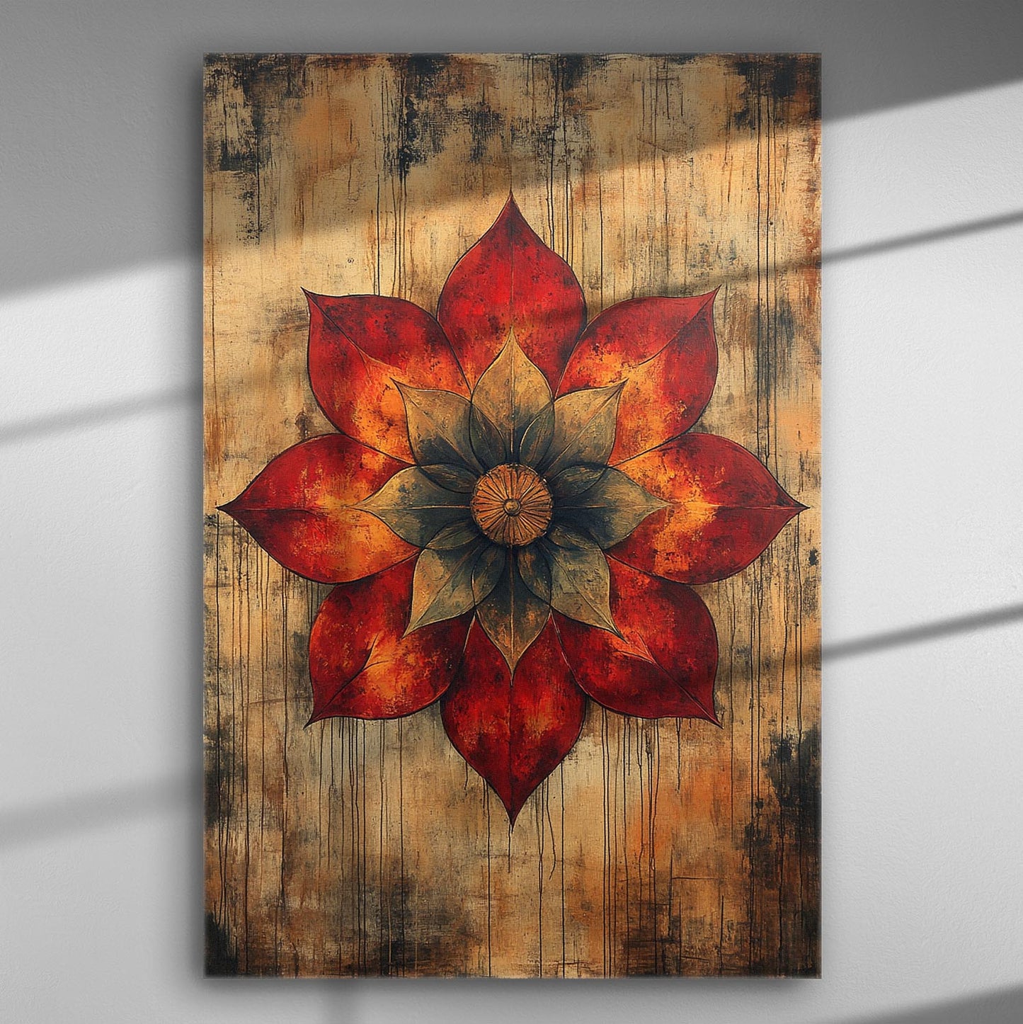 Abstract flower canvas print with red and golden hues.