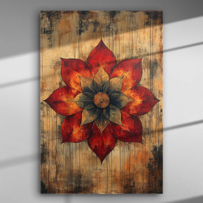 Abstract flower canvas print with red and golden hues.