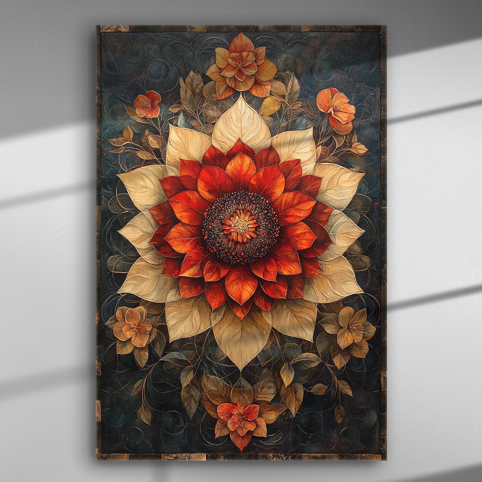 An intricate canvas print of a large central flower in vibrant red and orange tones with surrounding earthy shades, perfect for home or office decor.