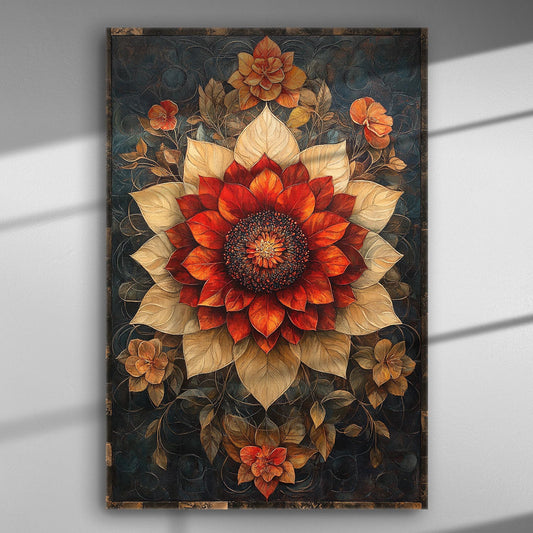 An intricate canvas print of a large central flower in vibrant red and orange tones with surrounding earthy shades, perfect for home or office decor.
