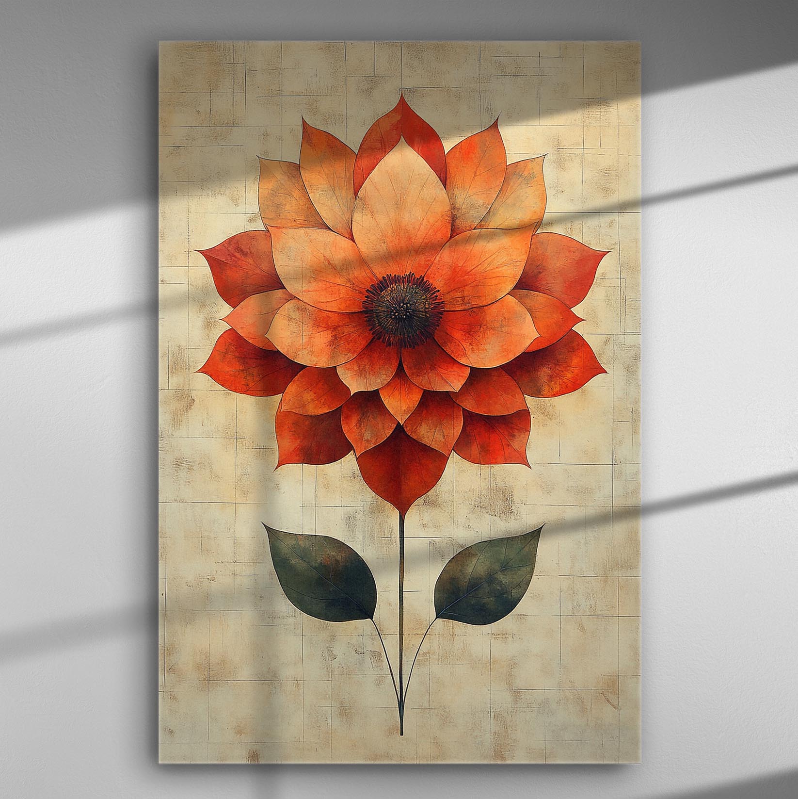 Canvas print of a large, vibrant orange and red flower with detailed petals against a neutral background.
