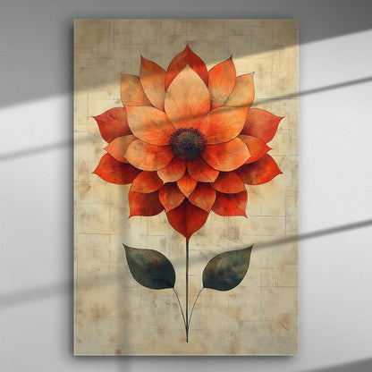 Canvas print of a large, vibrant orange and red flower with detailed petals against a neutral background.