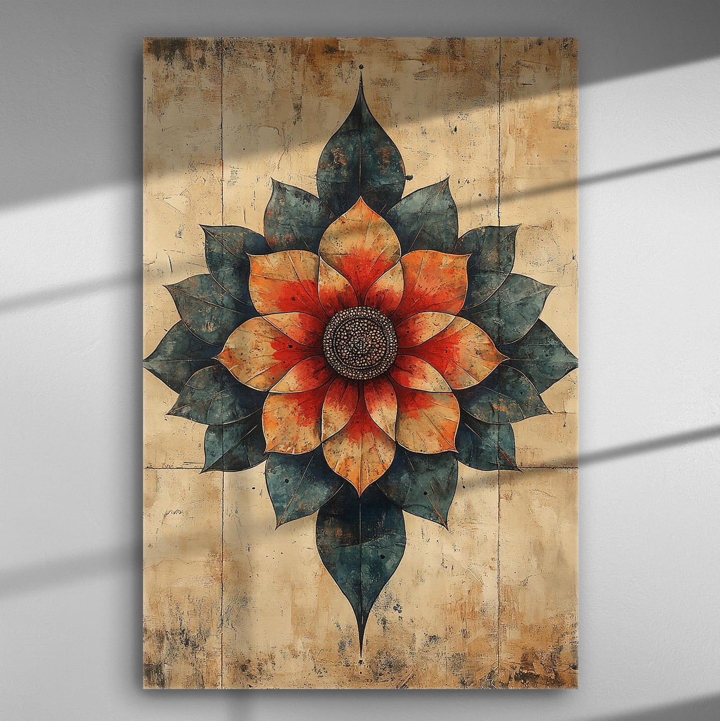 Canvas print with geometric flower in orange and deep blue tones on a textured background.