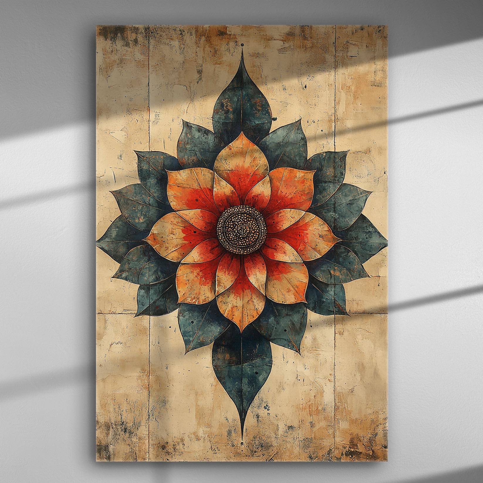 Canvas print with geometric flower in orange and deep blue tones on a textured background.
