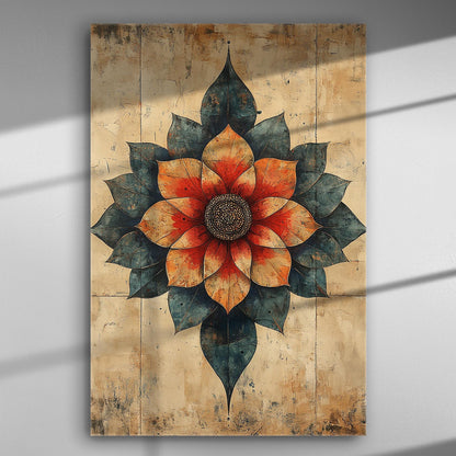 Canvas print with geometric flower in orange and deep blue tones on a textured background.