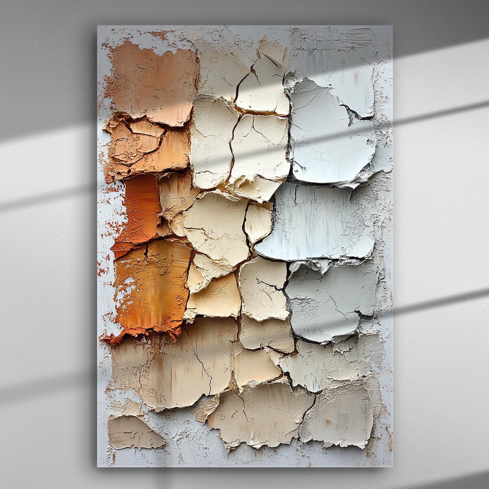 Abstract mosaic of earthy tones with cracked texture on canvas.