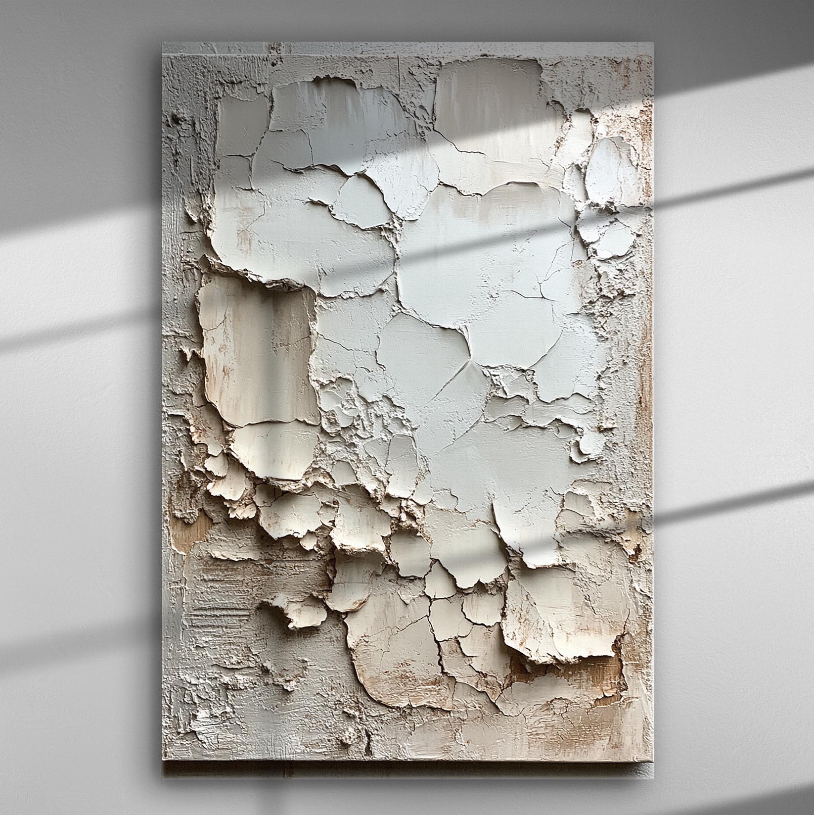 Texture art canvas print with peeling paint effect, showcasing a blend of cream and beige tones.