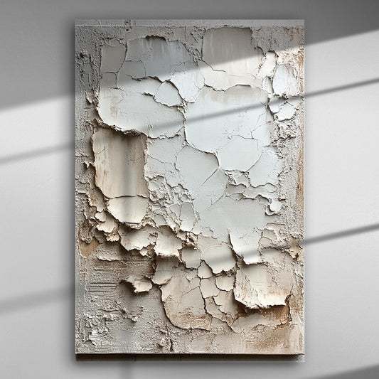 Texture art canvas print with peeling paint effect, showcasing a blend of cream and beige tones.