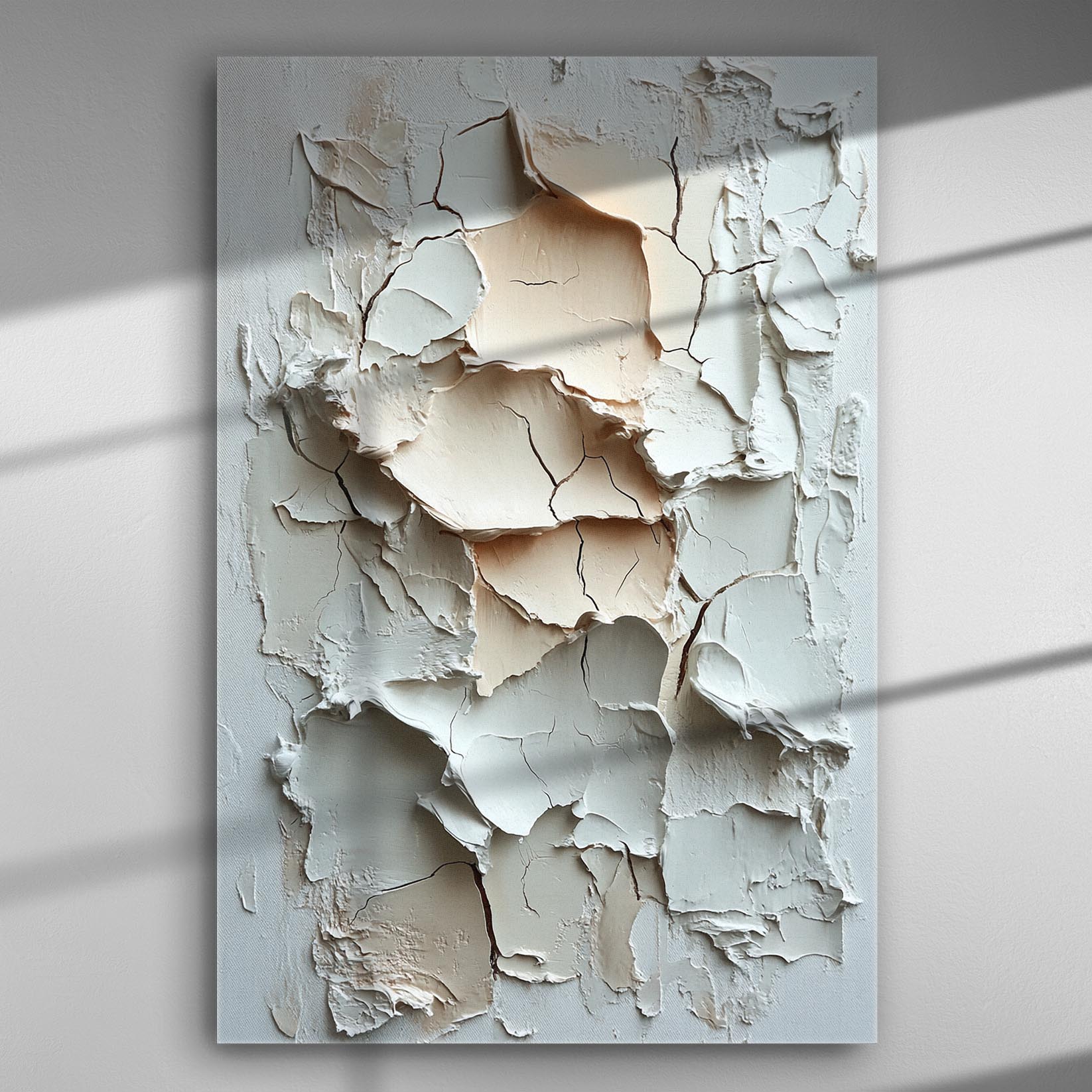 Abstract textured canvas art with layered and cracked paint in neutral tones.