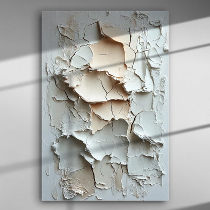 Abstract textured canvas art with layered and cracked paint in neutral tones.