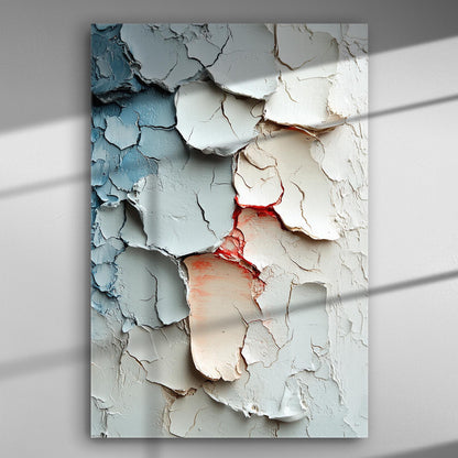 Close-up of cracked and textured paint in shades of blue, white, and red on canvas.