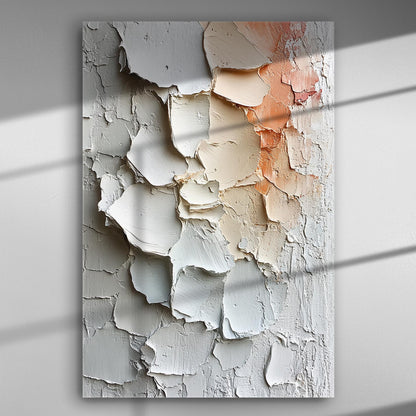 Abstract texture with peeling paint in shades of white, beige, and orange on canvas for SEO.
