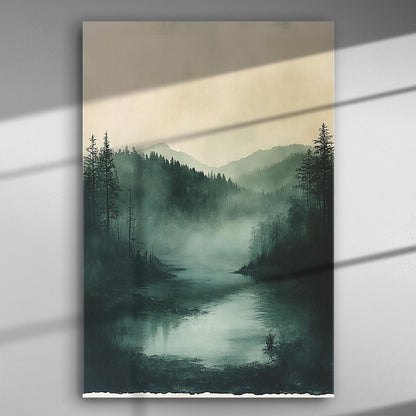 Canvas print of a foggy lake surrounded by hills and trees, evoking a sense of tranquility and mystery.