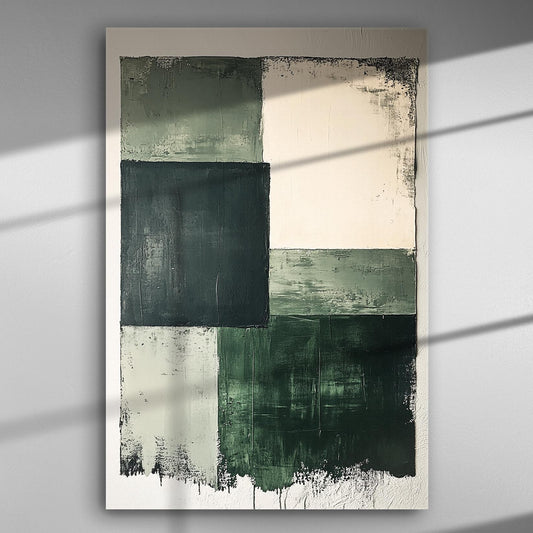 Abstract geometric canvas art with green and white blocks.