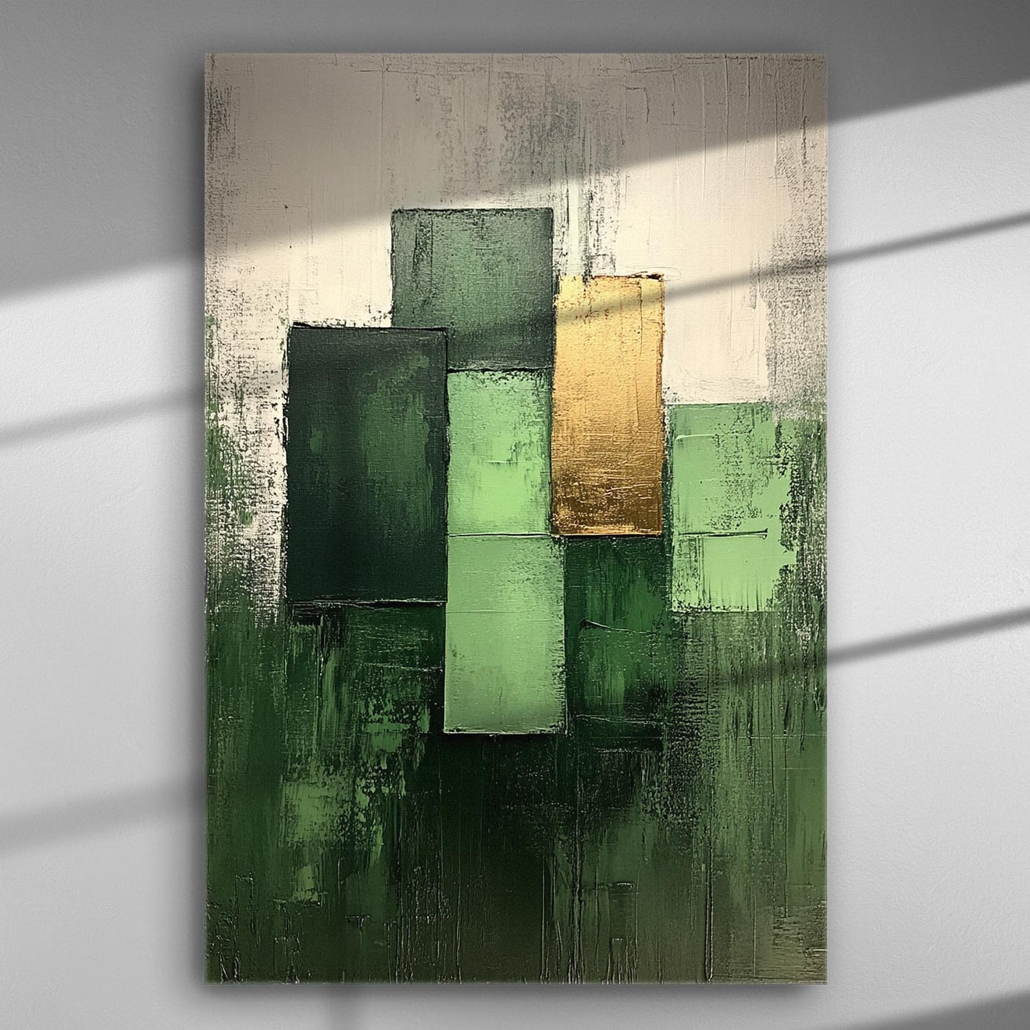 Abstract canvas print with green and gold geometric shapes.