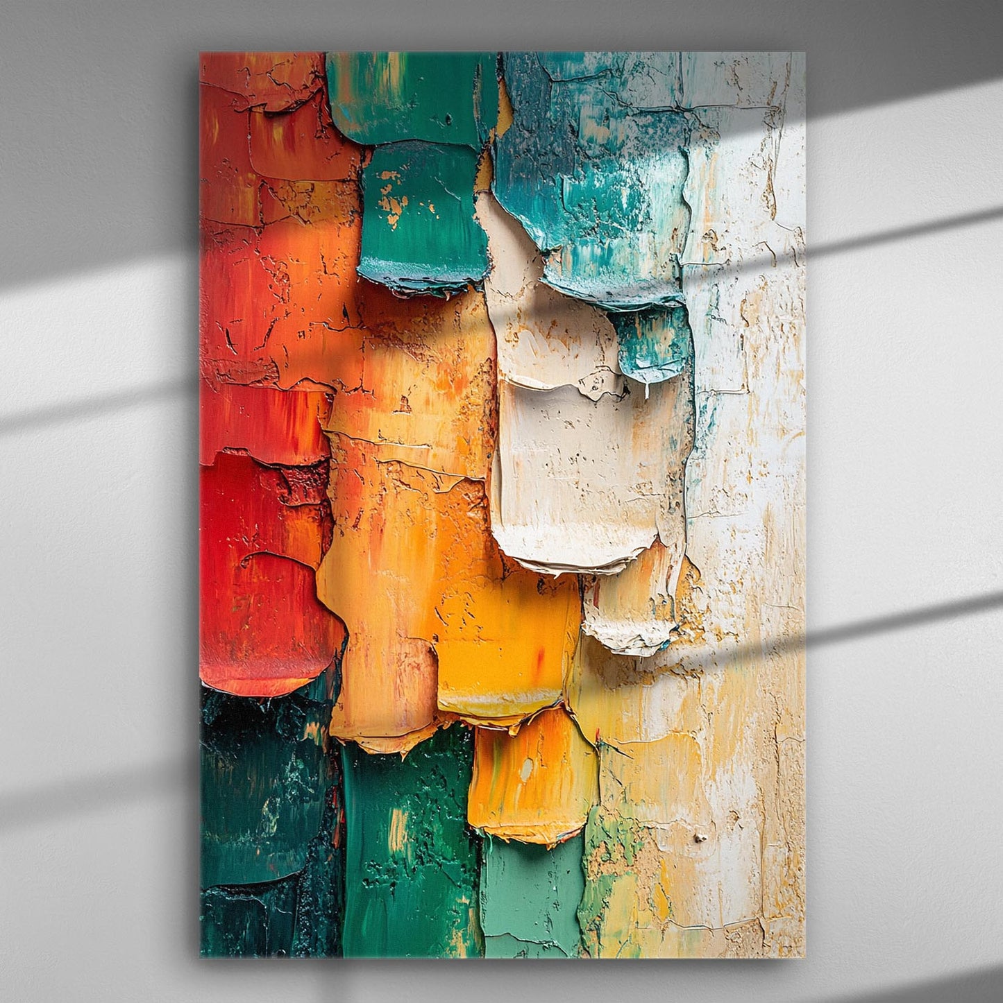 Abstract canvas print with thick layers of paint in orange, green, blue, and white creating a textured look.