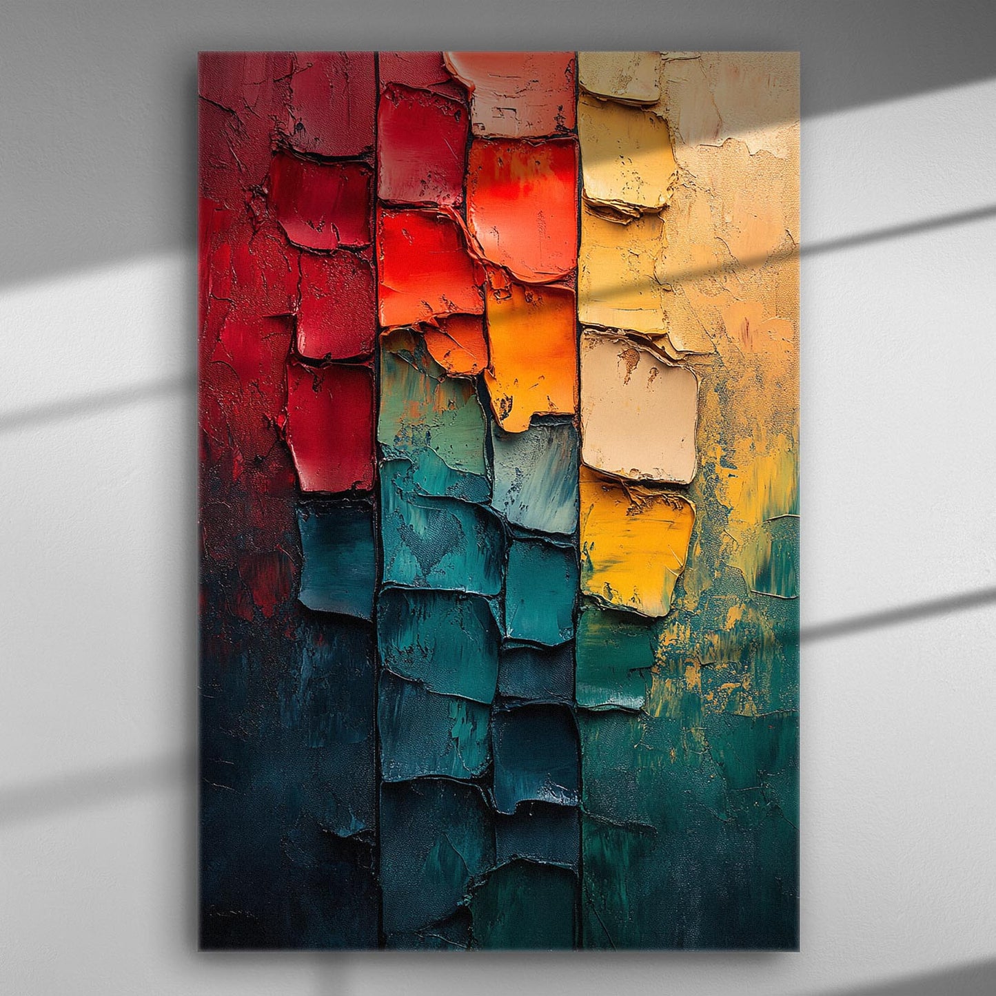 Abstract canvas art with vibrant red, orange, and blue geometric color blocks.