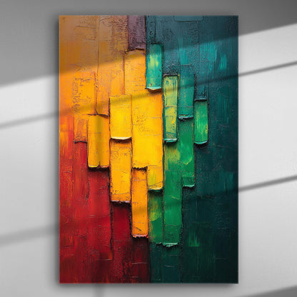 Abstract canvas painting with vibrant red, yellow, and green shades.
