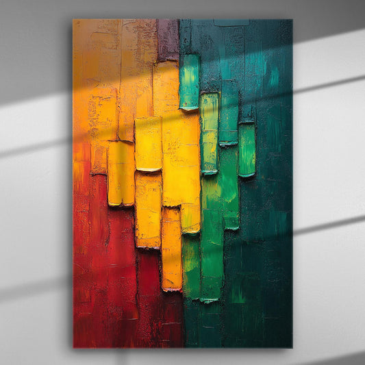 Abstract canvas painting with vibrant red, yellow, and green shades.