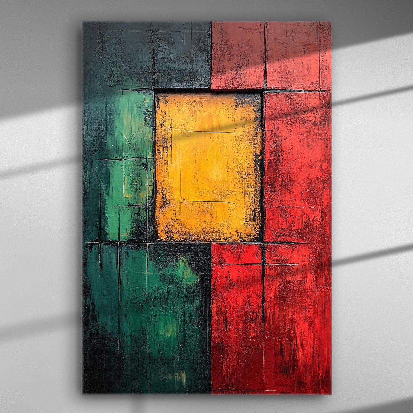 Abstract canvas with blocks of green, yellow, and red colors.