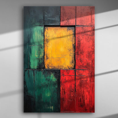 Abstract canvas with blocks of green, yellow, and red colors.