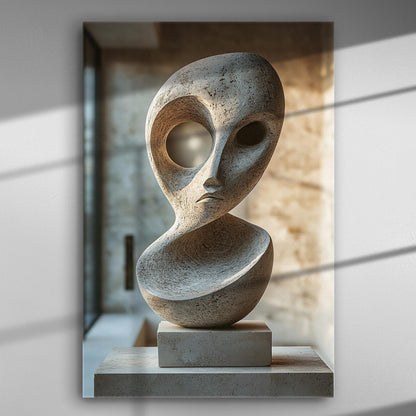 Abstract sculpture face on a canvas with curved shapes, displayed in a modern setting.