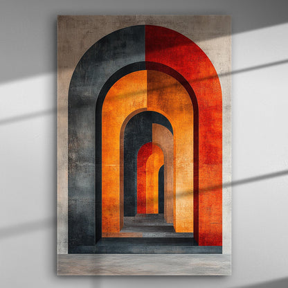Abstract composition of arches with orange, red, and black hues on canvas.