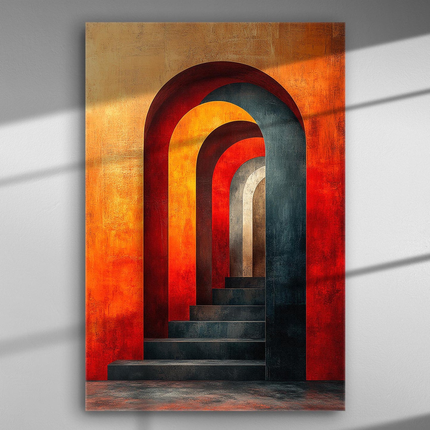 Canvas print featuring a series of arches in warm red and orange tones, creating a sense of depth and perspective.