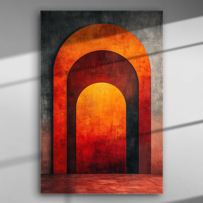 Abstract geometric canvas with shades of red and orange arches.