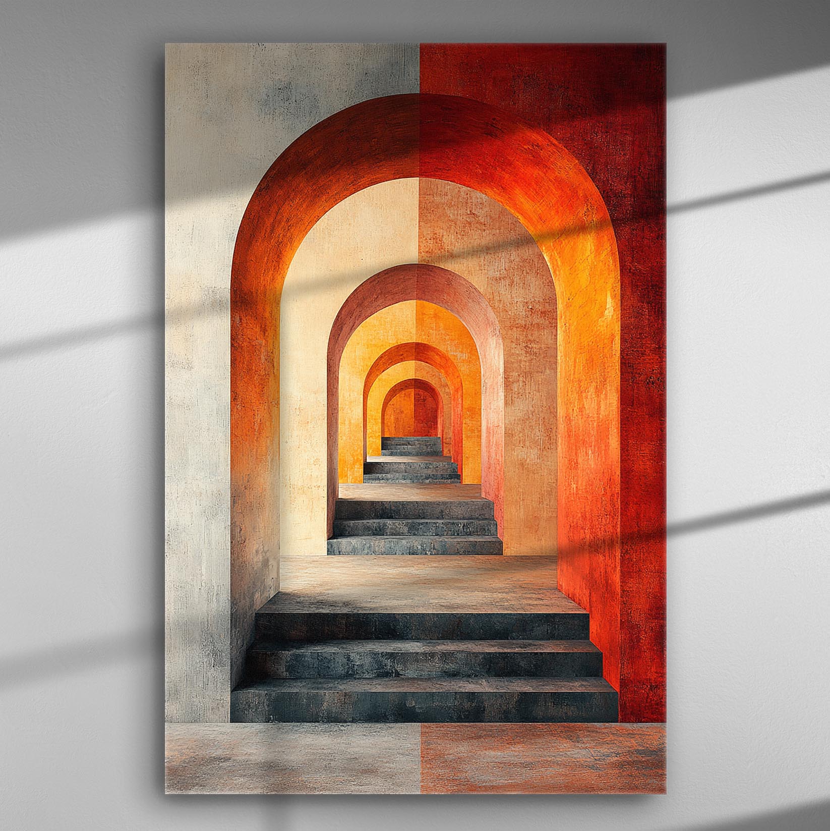 Canvas print with a perspective view of orange and red arches creating a deep architectural scene.