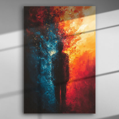 Abstract painting with a silhouette between fire in red and calm water in blue.