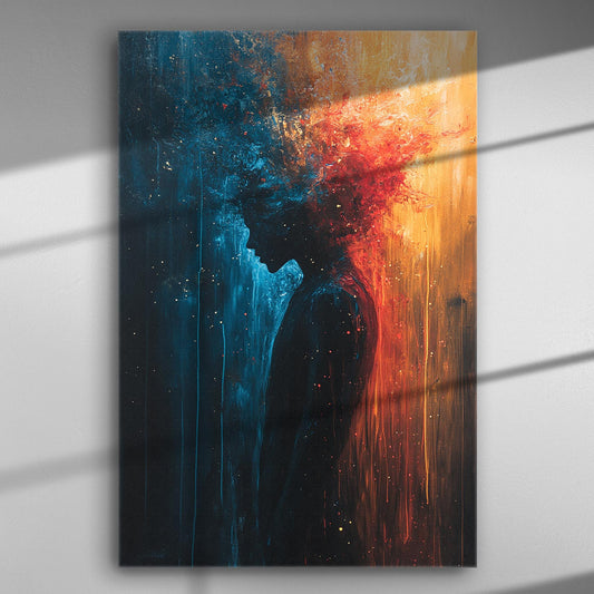 Abstract silhouette with contrasting blue and orange colors on canvas.