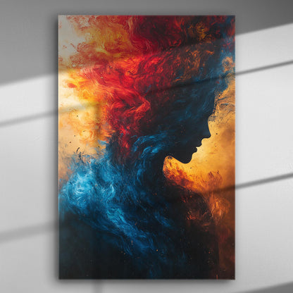 Abstract silhouette with blue and red swirls on a canvas print.