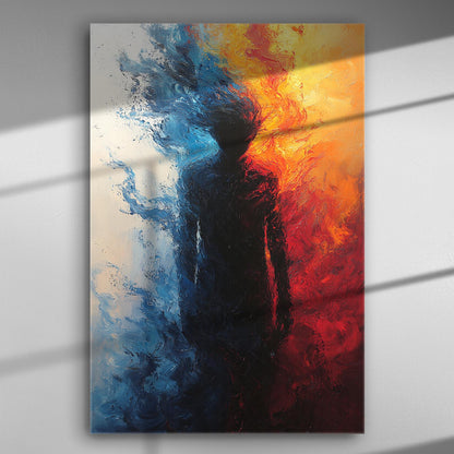 Abstract painting of a dark figure emerging between flames of fire and waves of ice on a canvas.