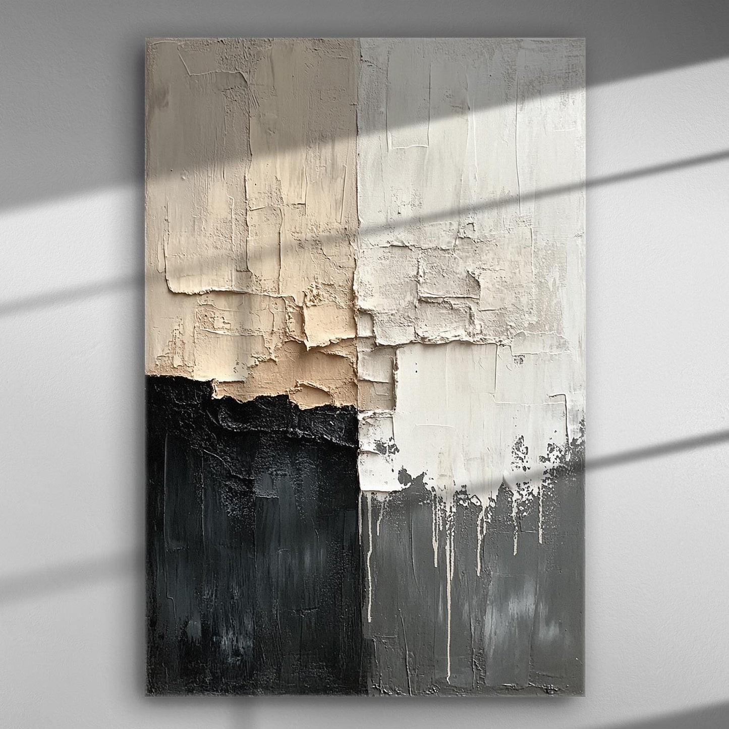 Abstract textured canvas with black, beige, and white colors creating a striking visual design.