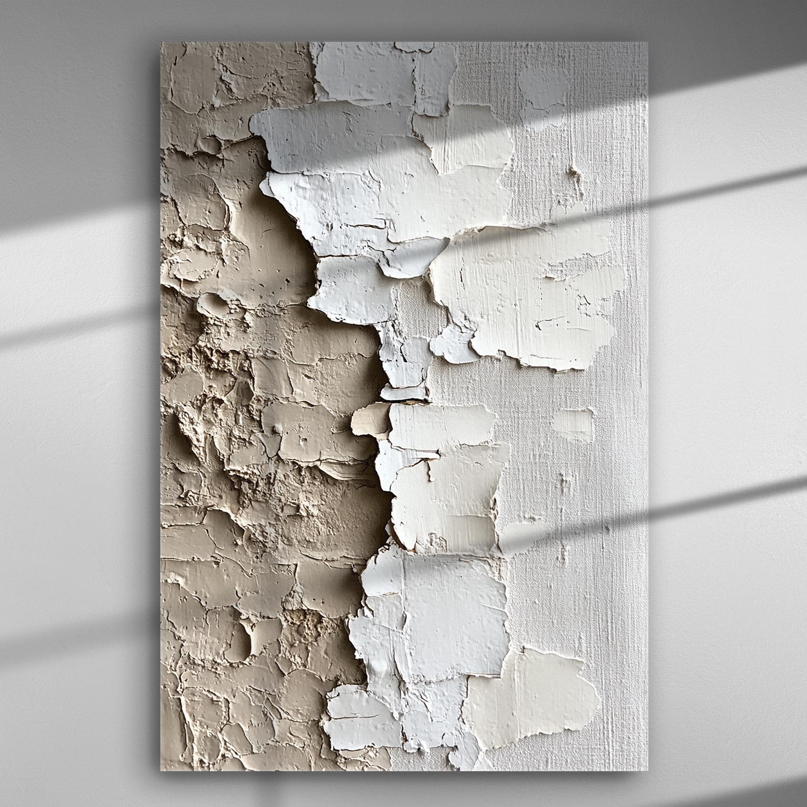 Abstract wall texture canvas print with peeling paint effect in neutral tones.