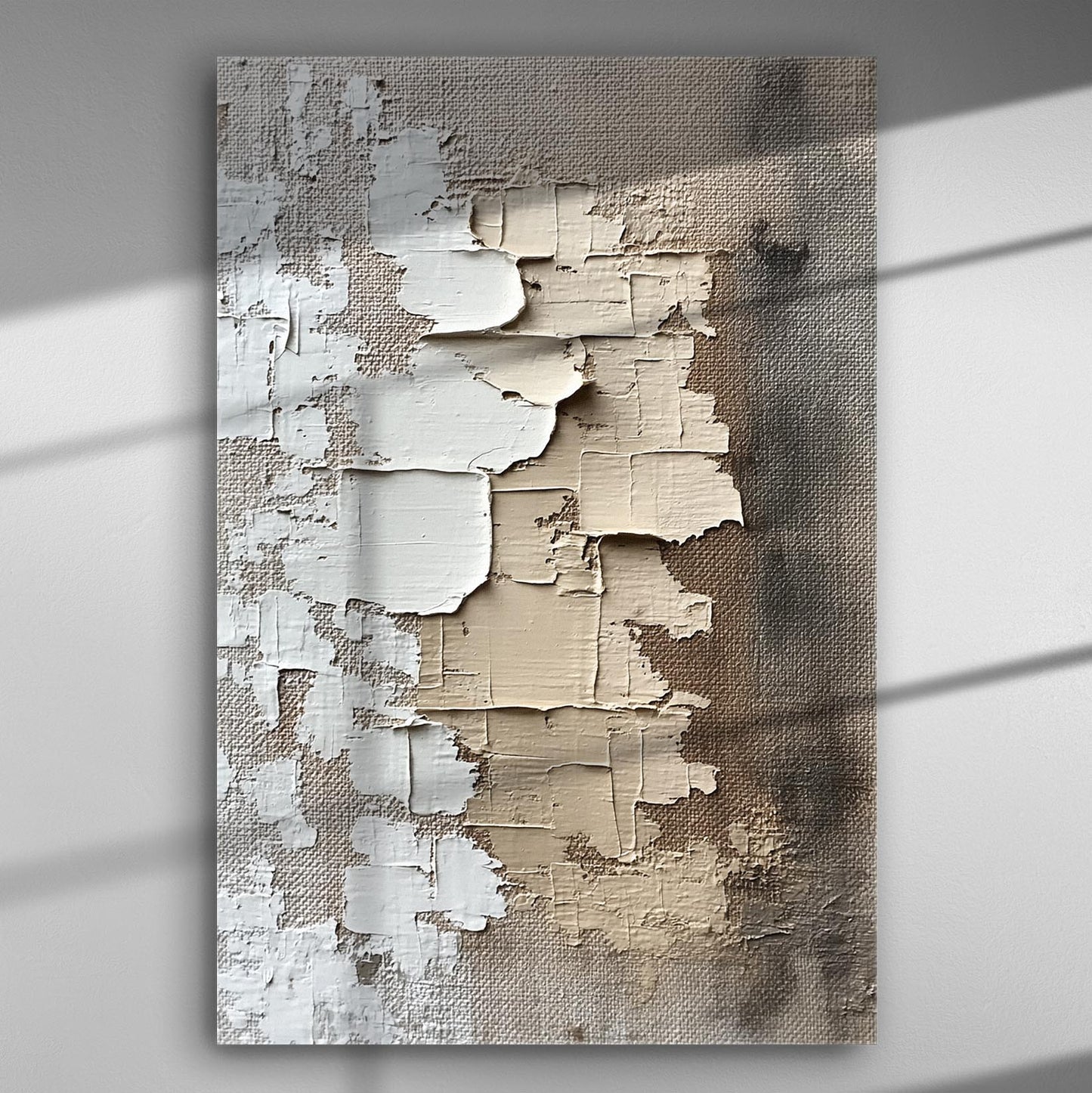 Abstract textured canvas print with layers of white and beige colors.