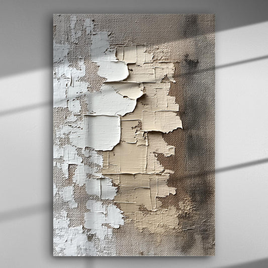 Abstract textured canvas print with layers of white and beige colors.