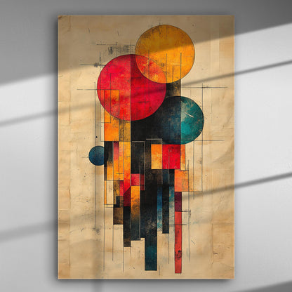 Abstract geometric art with vibrant circles and lines in red, orange, and blue on a beige background.