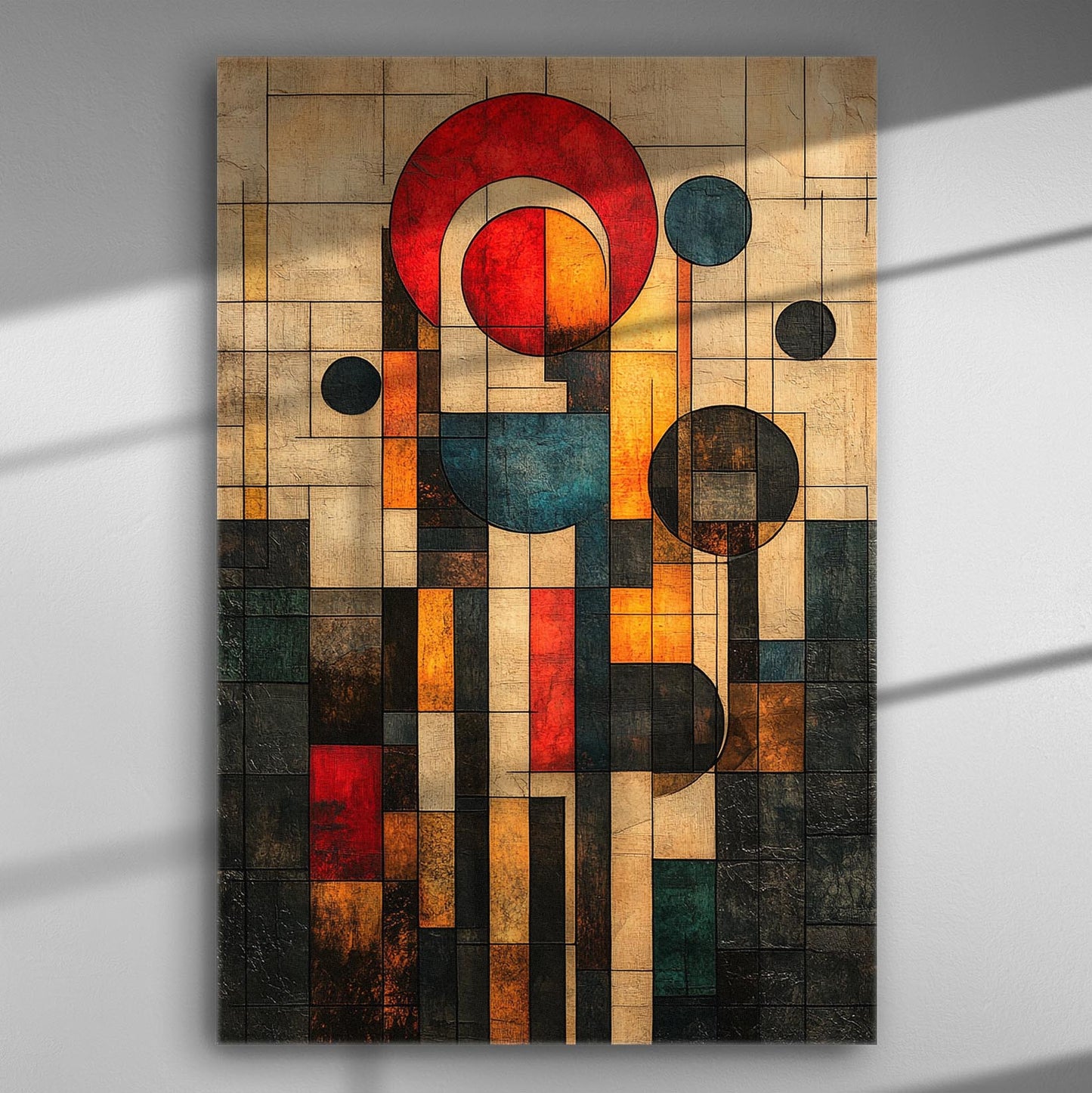 Abstract geometric canvas with circles and rectangles in warm and cool tones, shadowed wall background